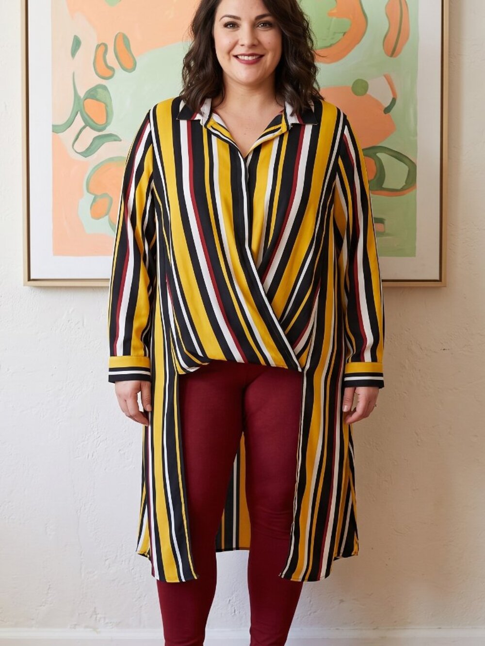 High Low Striped Tunic in Yellow Red Black White with Long Sleeves - 3X